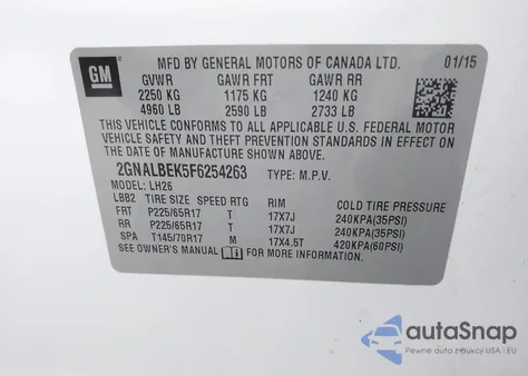 2015 Chevrolet Equinox 1Lt из США, поврежденный, VIN 2GNALBEK5F6254263